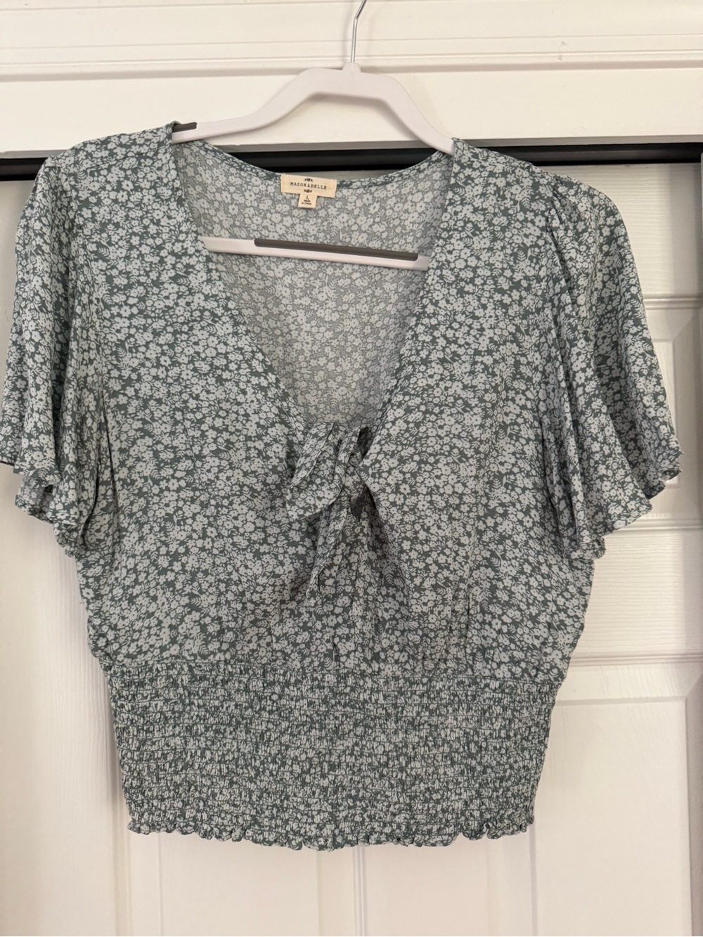 Sage Green Floral Tie-Front Smocked-Hem Blouse